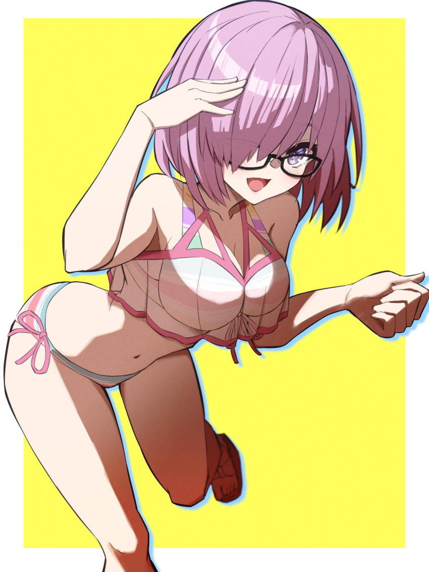 bikini black-framed_eyewear blush border breasts cleavage commentary_request fate/grand_order fate_(series) female glasses hair_over_one_eye hamao_1 happy highres light_purple_hair looking_at_viewer mash_kyrielight mash_kyrielight_(swimsuit_of_perpetual_summer_ver.02) medium_breasts navel one_eye_covered open_mouth outside_border purple_eyes see-through short_hair smile solo stomach striped_bikini striped_clothes swimsuit white_border yellow_background