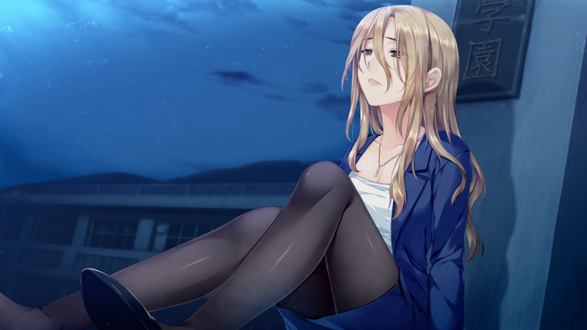 alpha_(yukai_na_nakamatachi) black_footwear black_pantyhose blonde_hair blue_jacket blue_skirt boku_no_hitori_sensou breasts brown_eyes cleavage collarbone female game_cg hair_between_eyes jacket jewelry kudou_mei long_hair long_sleeves medium_breasts miniskirt necklace night open_clothes open_jacket outdoors pantyhose parted_lips pencil_skirt shiny_clothes shiny_legwear sitting skirt solo straight_hair teacher very_long_hair