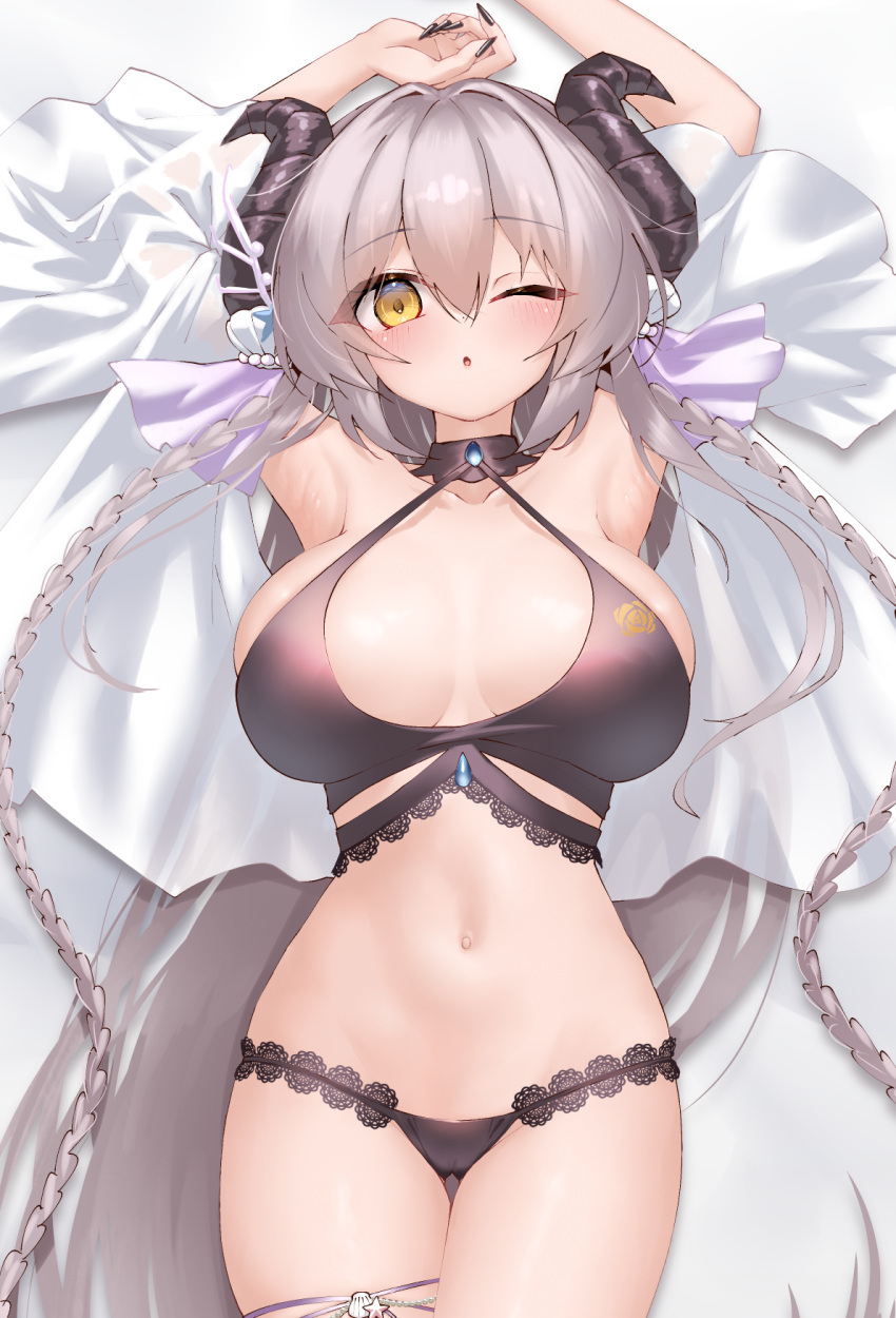 :o armpits arms_up bikini black_bikini black_choker black_horns breasts choker commentary_request cropped dakimakura_(medium) demon_horns grey_hair hair_ornament highres horns kneepits light_blush long_hair looking_at_viewer lying n4gare_b0shi nail_polish on_back one_eye_closed open_mouth sasha_(twinkle_star_knights) swimsuit twinkle_star_knights upper_body yellow_eyes