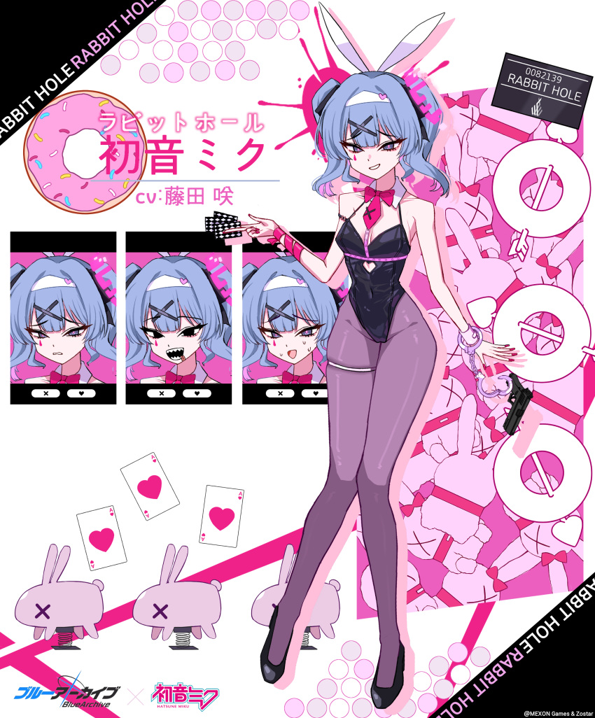 absurdres ace_(playing_card) ace_of_hearts animal_ears bare_shoulders black_footwear black_leotard blue_archive blue_hair card clothing_cutout commentary_request cuffs cutout_above_navel detached_collar doughnut english_commentary expressions fake_animal_ears female food full_body gun hair_ornament handcuffs handgun hatsune_miku heart heart_cutout high_heels highleg highleg_leotard highres holding holding_card leotard looking_at_viewer moya_(02_ku) pantyhose parody pink_pupils playboy_bunny playing_card rabbit_ears rabbit_hole_(vocaloid) short_hair solo teardrop_facial_mark thigh_strap translation_request vocaloid weapon x_hair_ornament