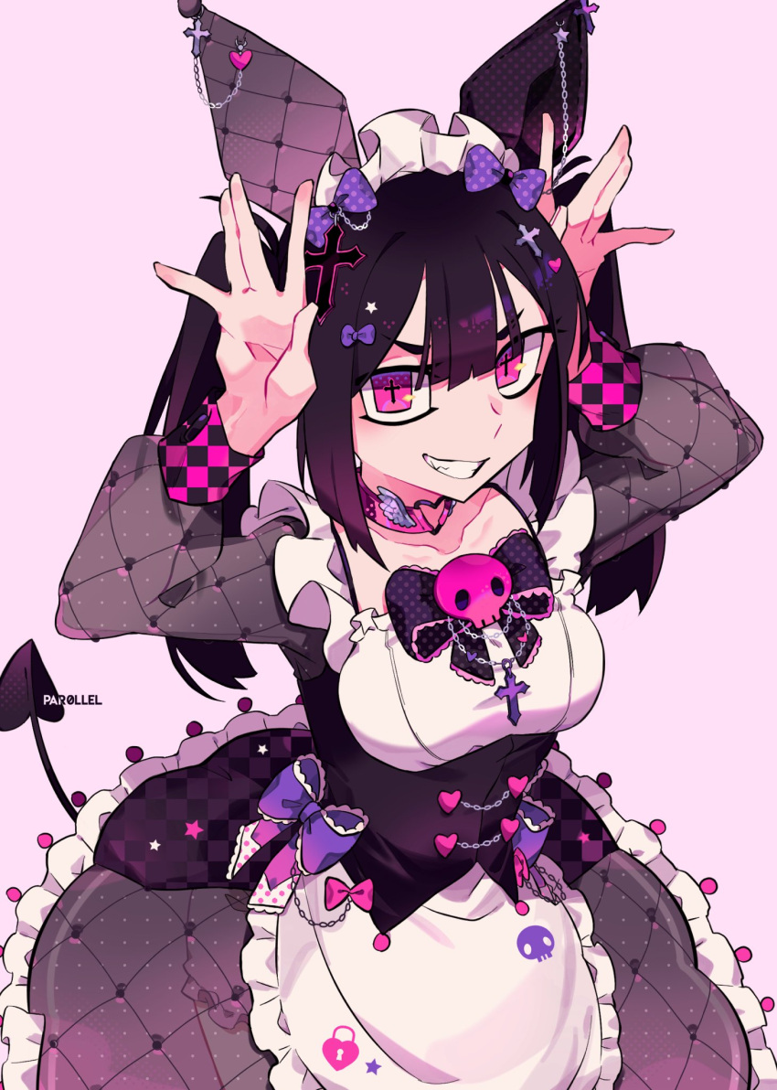 \||/ apron arms_up artist_name black_bow black_bowtie black_corset black_hair bloomers bow bowtie buttons center-flap_bangs chains checkered_clothes choker collarbone commentary corset cowboy_shot cross-shaped_pupils cross_hair_ornament demon_tail english_commentary female frilled_apron frilled_bloomers frilled_bow frilled_skirt frills from_above grin hair_between_eyes hair_ornament hairbow halftone heart heart_button heart_choker highres kuromi long_hair long_sleeves looking_at_viewer maid maid_headdress par0llel personification pink_background pink_bloomers pink_choker pink_eyes puffy_long_sleeves puffy_sleeves purple_bow sanrio see-through_clothes see-through_skirt simple_background skirt smile solo square_eyes star_(symbol) symbol-shaped_pupils tail twintails v-shaped_eyebrows white_apron white_headdress