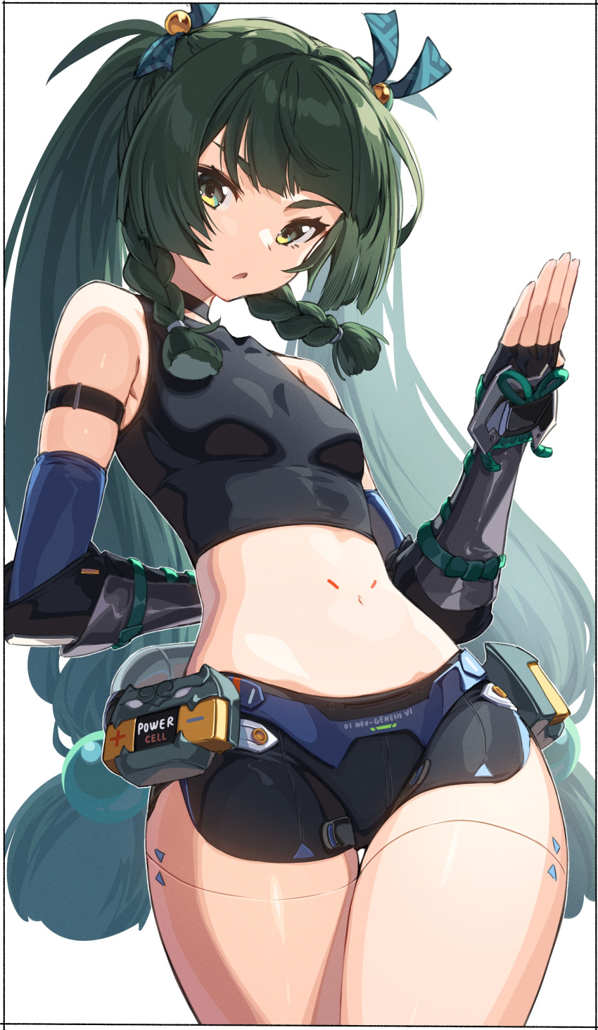 absurdres arm_behind_back bare_shoulders black_shorts braid breasts cowboy_shot crop_top female green_eyes green_hair hair_ribbon highres kei_(soundcross) navel parted_lips qingyi_(zenless_zone_zero) ribbon robot_girl shorts small_breasts solo stomach thighs twin_braids twintails zenless_zone_zero