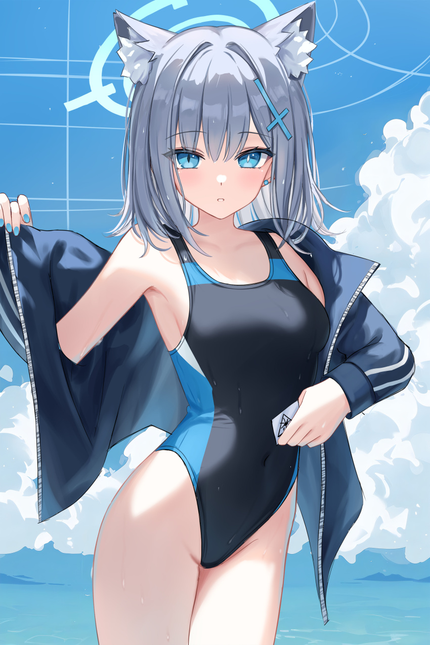 absurdres animal_ear_fluff animal_ears black_one-piece_swimsuit blue_archive blue_eyes blue_halo blue_jacket blue_sky breasts cc_lin cloud competition_swimsuit covered_navel cowboy_shot cross_hair_ornament extra_ears female grey_hair hair_ornament halo highres jacket medium_breasts medium_hair mismatched_pupils multicolored_clothes multicolored_swimsuit official_alternate_costume one-piece_swimsuit shiroko_(blue_archive) shiroko_(swimsuit)_(blue_archive) sky solo swimsuit wolf_ears