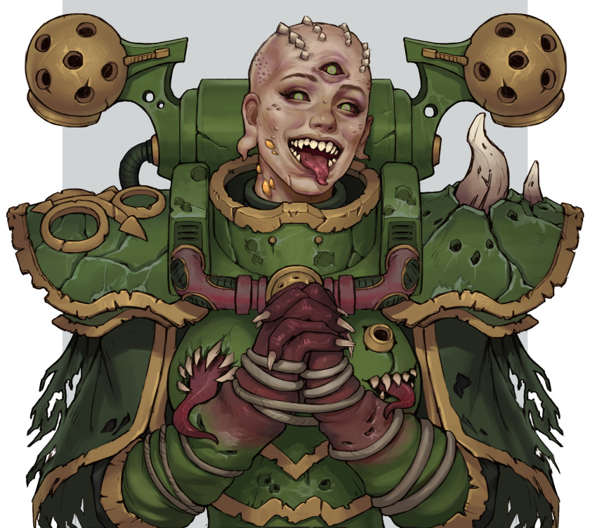 adepta_sororitas armor boils capelet chaos_(warhammer) corruption extra_eyes extra_mouth extra_tongue eyelashes female fingernails green_eyes highres nurgle_(symbol) own_hands_clasped own_hands_together sharp_fingernails sharp_teeth solo spiked_pauldrons spikes teeth tongue tongue_out torn_capelet torn_clothes upper_body warhammer_40k yangzheyy