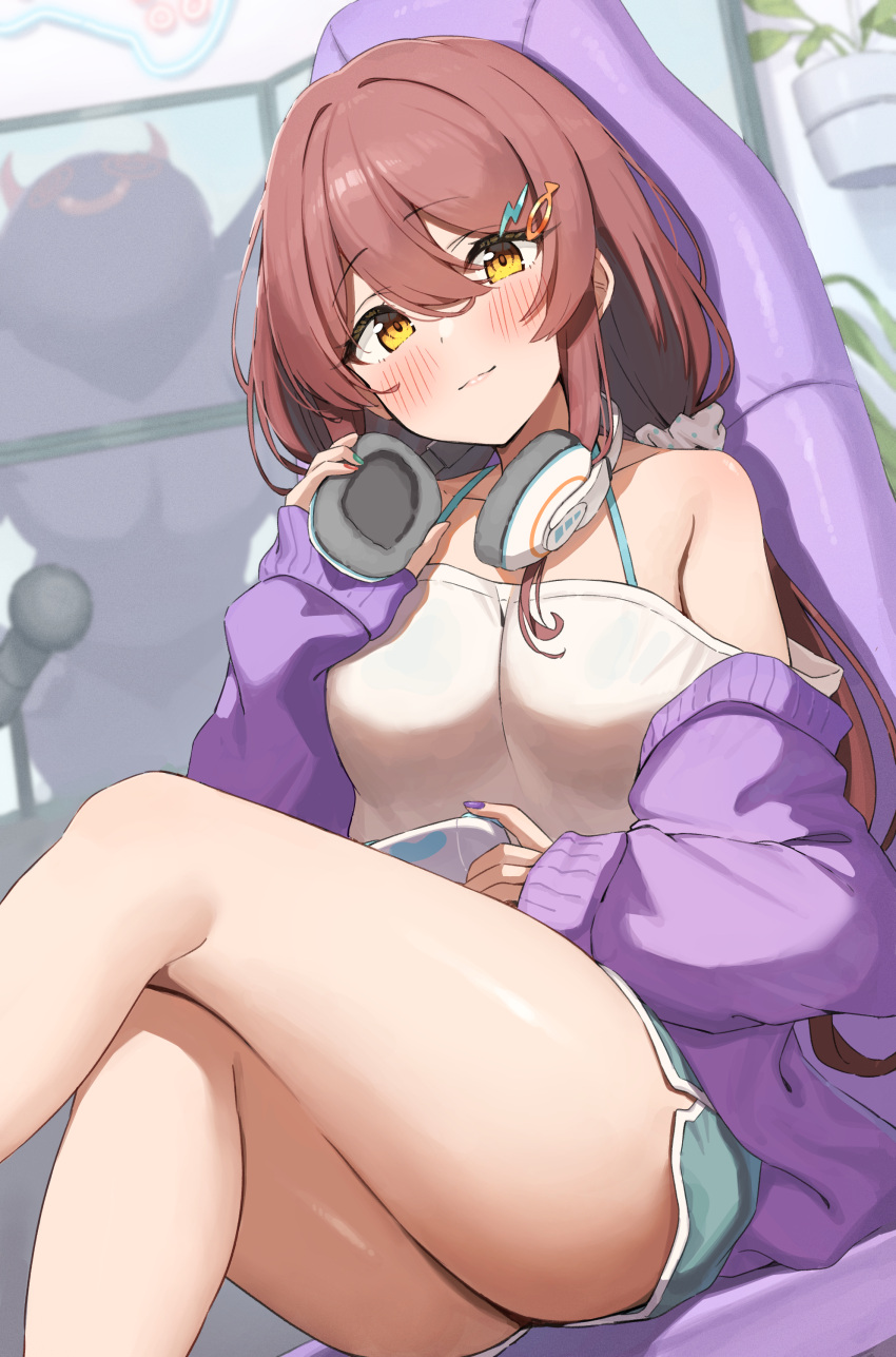 absurdres bare_legs blush breasts brown_hair cardigan commentary_request debi_tarou dolphin_shorts feet_out_of_frame female headphones headphones_around_neck highres idolmaster idolmaster_shiny_colors indoors knees_up large_breasts looking_at_viewer osaki_tenka purple_cardigan revision shorts sitting smile solo thighs wanimaru