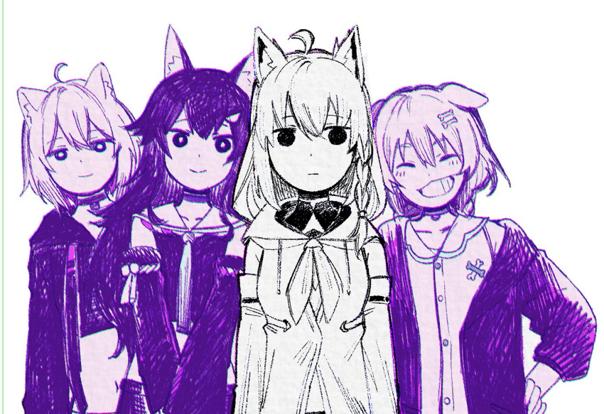 4girls ahoge animal_ears bone_hair_ornament braid cat_ears cat_girl choker closed_mouth cropped_hoodie detached_sleeves dog_ears dog_girl dress expressionless fox_ears fox_girl grin hair_ornament hand_on_own_hip hololive hololive_gamers hood hoodie inugami_korone inugami_korone_(1st_costume) jacket long_hair long_sleeves midriff monochrome multiple_girls neckerchief necktie nekomata_okayu nekomata_okayu_(1st_costume) okutorinno omori ookami_mio ookami_mio_(1st_costume) open_clothes open_jacket parody sailor_collar shirakami_fubuki shirakami_fubuki_(1st_costume) shirt short_hair side_braid sidelocks simple_background smile solid_circle_eyes style_parody virtual_youtuber white_background wolf_ears wolf_girl