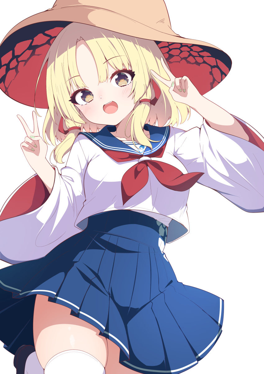 absurdres animal_print blonde_hair blue_sailor_collar blue_skirt blush breasts brown_hat commentary_request cropped_shirt darumoon double_v female frog_print hat highres horizontal_pupils long_sleeves looking_at_viewer medium_breasts moriya_suwako neckerchief open_mouth red_neckerchief sailor_collar school_uniform serafuku short_hair simple_background skirt smile solo teeth thighhighs thighs touhou upper_teeth_only v white_background white_thighhighs wide_sleeves zettai_ryouiki