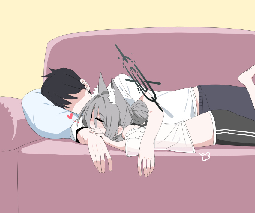 1boy absurdres animal_ear_fluff animal_ears b.t._(boob_tong) black_bra black_hair black_shorts blue_archive blush bra broken_halo closed_eyes couch cuddling ear_blush female grey_hair hair_bun halo heart highres lying on_couch on_side on_stomach sensei_(blue_archive) shiroko_(blue_archive) shiroko_terror_(blue_archive) shirt shorts sleeping spoken_heart sports_bra straight underwear white_shirt wolf_ears wolf_girl