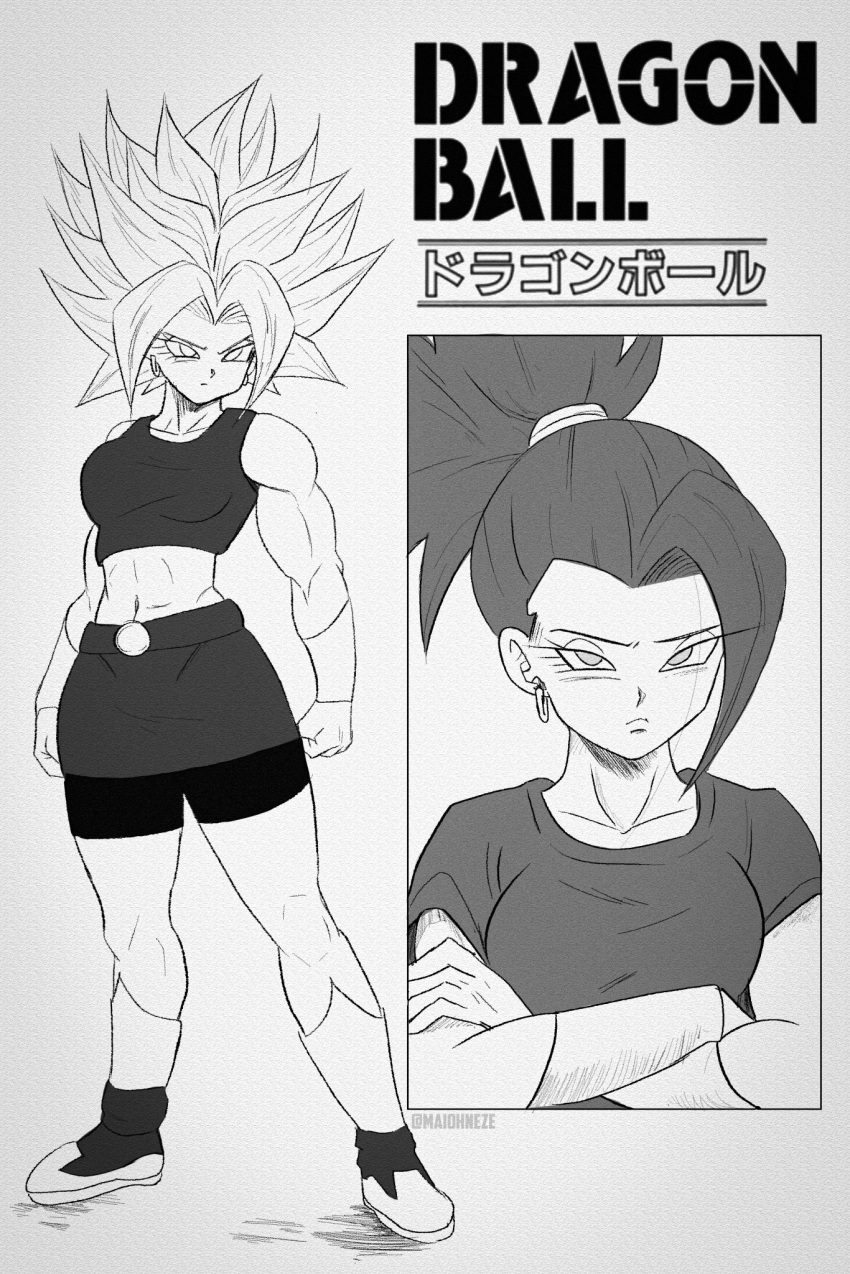 black_shorts breasts dragon_ball dragon_ball_super female full_body hair_ornament kale_(dragon_ball) large_breasts legs miniskirt muscular shorts skirt solo