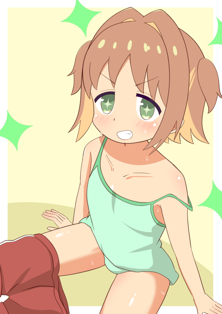 absurdres bare_shoulders blush brown_hair camisole collarbone commentary_request female green_camisole green_eyes green_panties gtmd0gjamw highres looking_at_viewer no_pants oerba_yun_fang oka_asahi onii-chan_wa_oshimai! panties short_hair sitting sleeveless solo sparkle_background sparkling_eyes strap_slip sweat underwear v-shaped_eyebrows