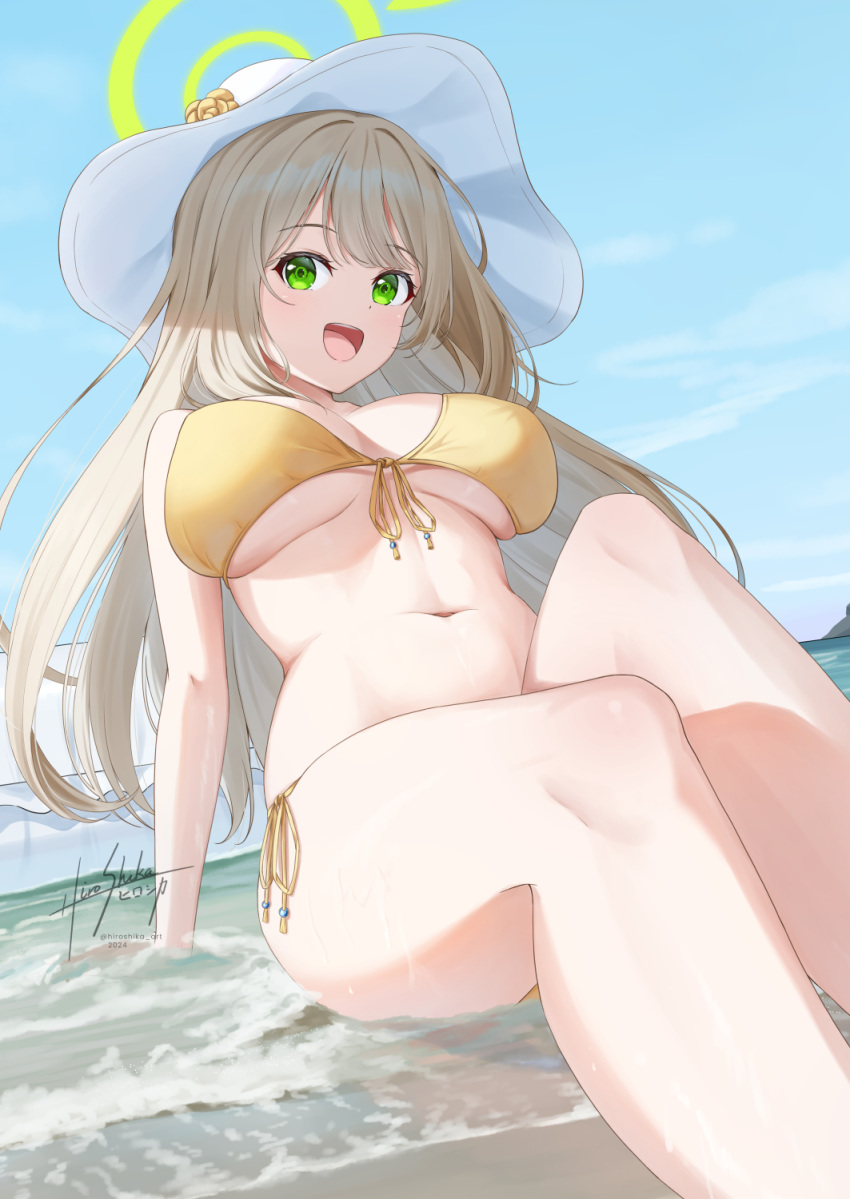 arm_support beach bikini blue_archive breasts brown_hair commentary_request female frilled_innertube green_eyes green_halo halo hat highres large_breasts long_hair looking_at_viewer navel nonomi_(blue_archive) nonomi_(swimsuit)_(blue_archive) open_mouth outdoors side-tie_bikini_bottom signature sitting skyrail smile solo stomach sun_hat swimsuit underboob white_hat white_innertube yellow_bikini