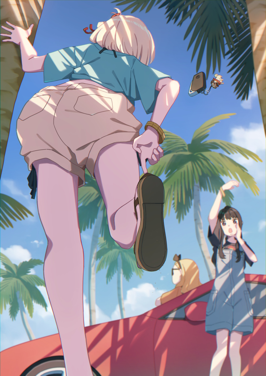 3girls absurdres aqua_shirt black_hair blonde_hair blue_overalls blue_sky bracelet brown_shorts car cloud commentary_request dappled_sunlight day facing_away from_behind from_below highres inoue_takina jewelry kurumi_(lycoris_recoil) long_hair looking_at_another lycoris_recoil mochi_(m0chi0000) motor_vehicle multiple_girls nishikigi_chisato outdoors overalls palm_tree shirt shorts sky standing standing_on_one_leg sunlight tree