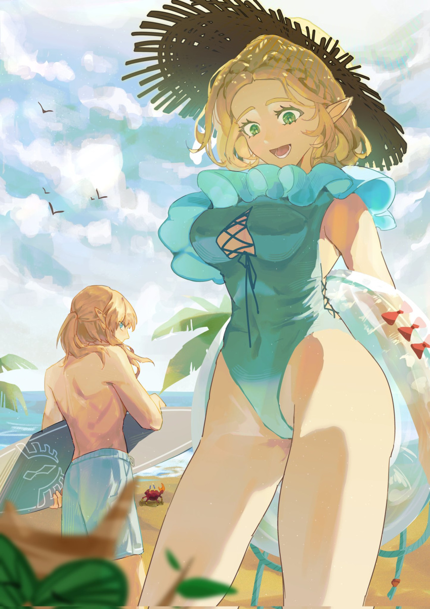 1boy animal arms_behind_back beach blonde_hair blue_eyes blue_one-piece_swimsuit blue_shorts braid commentary corrupted_twitter_file covered_navel crab crown_braid day female frilled_one-piece_swimsuit frills frost_mourne green_eyes hat highleg highleg_one-piece_swimsuit highres holding holding_surfboard holding_swim_ring korok link long_hair looking_down ocean one-piece_swimsuit open_mouth outdoors palm_tree pointy_ears ponytail princess_zelda short_hair shorts standing straw_hat surfboard swim_ring swimsuit symbol-only_commentary teeth the_legend_of_zelda the_legend_of_zelda:_tears_of_the_kingdom topless_male tree