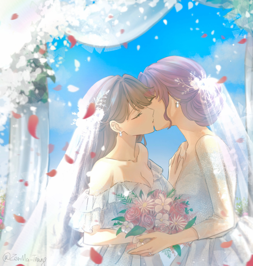 2girls blue_sky bouquet breasts bridal_veil brown_hair cleavage closed_eyes cloud collarbone commentary diamond_earrings dress earrings flower flower_request frilled_dress frills fujishima_megumi hair_bun hand_on_another's_shoulder highres holding holding_bouquet jewelry kissing link!_like!_love_live! long_hair love_live! medium_breasts multiple_girls off-shoulder_dress off_shoulder otomune_kozue pink_flower pink_rose purple_hair ring rose sidelocks single_hair_bun sky sleeves_past_elbows twitter_username two_side_up upper_body veil virtual_youtuber wavy_sidelocks wedding wedding_dress wedding_ring white_dress white_flower wife_and_wife yuri zenma_trang