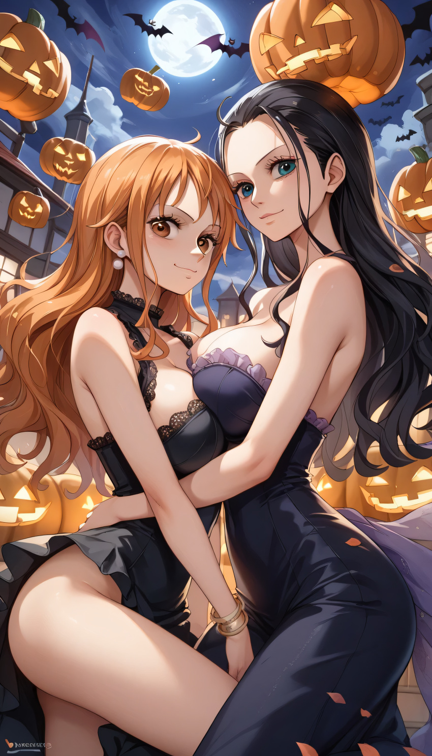 2girls 2women 6+others :3 artist_name ass bad_tag bare_shoulders bat belly black_choker black_dress black_hair blue_eyes blue_sky blush bracelet breasts brown_eyes building choker cilkmilk cleavage cloud cloudy_sky collarbone dress english_text eyebrows eyelashes gold_bracelet halloween hand_on_another's_back hand_on_another's_thigh highres huge_ass jack-o'-lantern jewelry large_breasts legs lips long_dress long_eyelashes long_hair moon multiple_girls multiple_others nami_(one_piece) nico_robin night night_sky one_piece orange_hair pink_lips pixiv pixiv_username pumpkin shiny_skin shonen_jump sky smile spread_legs standing star_(sky) starry_sky thick_eyebrows thick_eyelashes thicks_thighs thighs toei_animation toei_company very_long_hair wide_hips yuri