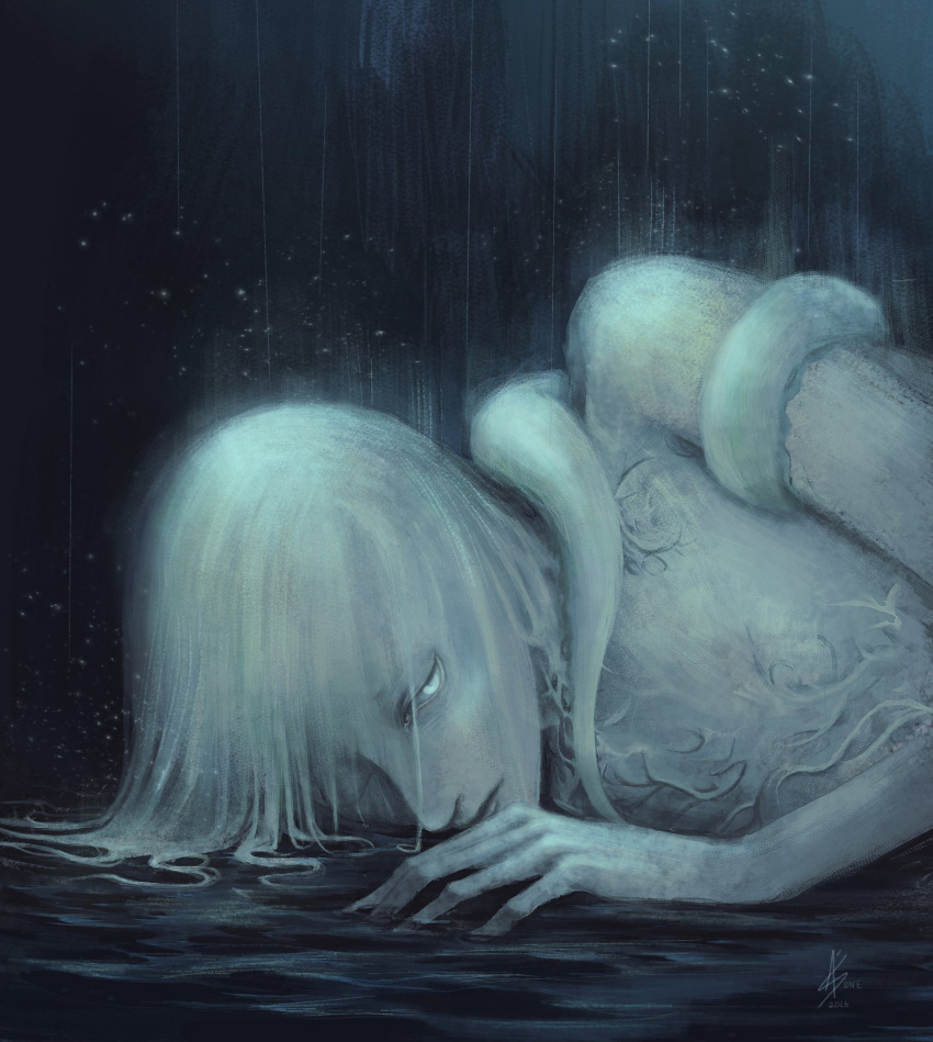 1one_as 2023 afloat artist_logo bloodborne closed_mouth commentary completely_nude consensual_tentacles cropped_torso dark dated english_commentary female highres looking_at_viewer nude one_eye_closed pale_skin rain signature snail_woman_(bloodborne) solo tentacle water white_eyes white_hair