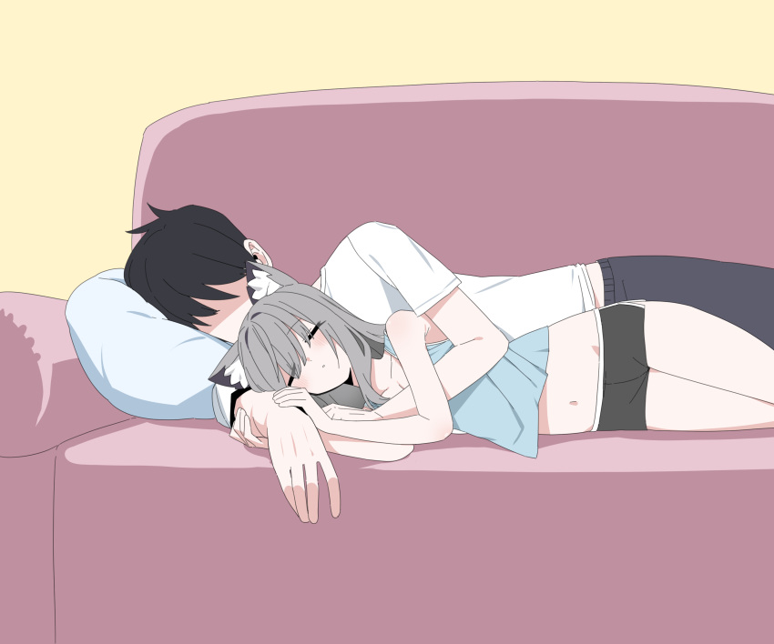 1boy absurdres animal_ear_fluff animal_ears aqua_shirt b.t._(boob_tong) black_hair black_shorts blue_archive couch cuddling dolphin_shorts female grey_hair highres holding_another's_arm lying midriff navel on_couch on_side pillow sensei_(blue_archive) shiroko_(blue_archive) shirt short_shorts short_sleeves shorts sleeping spooning stomach straight tank_top white_shirt wolf_ears wolf_girl