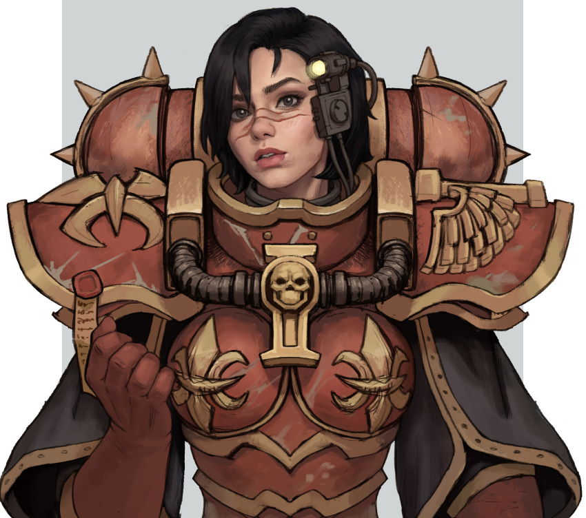 adepta_sororitas armor black_capelet black_eyes black_hair boobplate capelet female gloves gold_trim highres parted_lips purity_seal red_gloves scar scar_on_face scar_on_nose short_hair skull_ornament solo spikes upper_body warhammer_40k yangzheyy