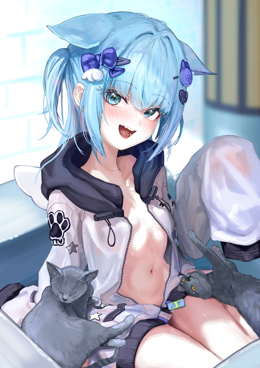 absurdres animal_ears blue_eyes blue_hair blush bow breasts cat_ears cat_girl commentary_request extra_ears feline female gisi_(gicgic_draw) grey_cat hair_ornament hairbow hand_up highres hood hood_down hooded_jacket indie_virtual_youtuber jacket kanzarin_(vtuber) looking_at_viewer naked_jacket navel oerba_yun_fang open_mouth purple_bow short_hair sleeves_past_fingers sleeves_past_wrists small_breasts smile stomach teeth thighs two_side_up upper_teeth_only virtual_youtuber wing_hair_ornament