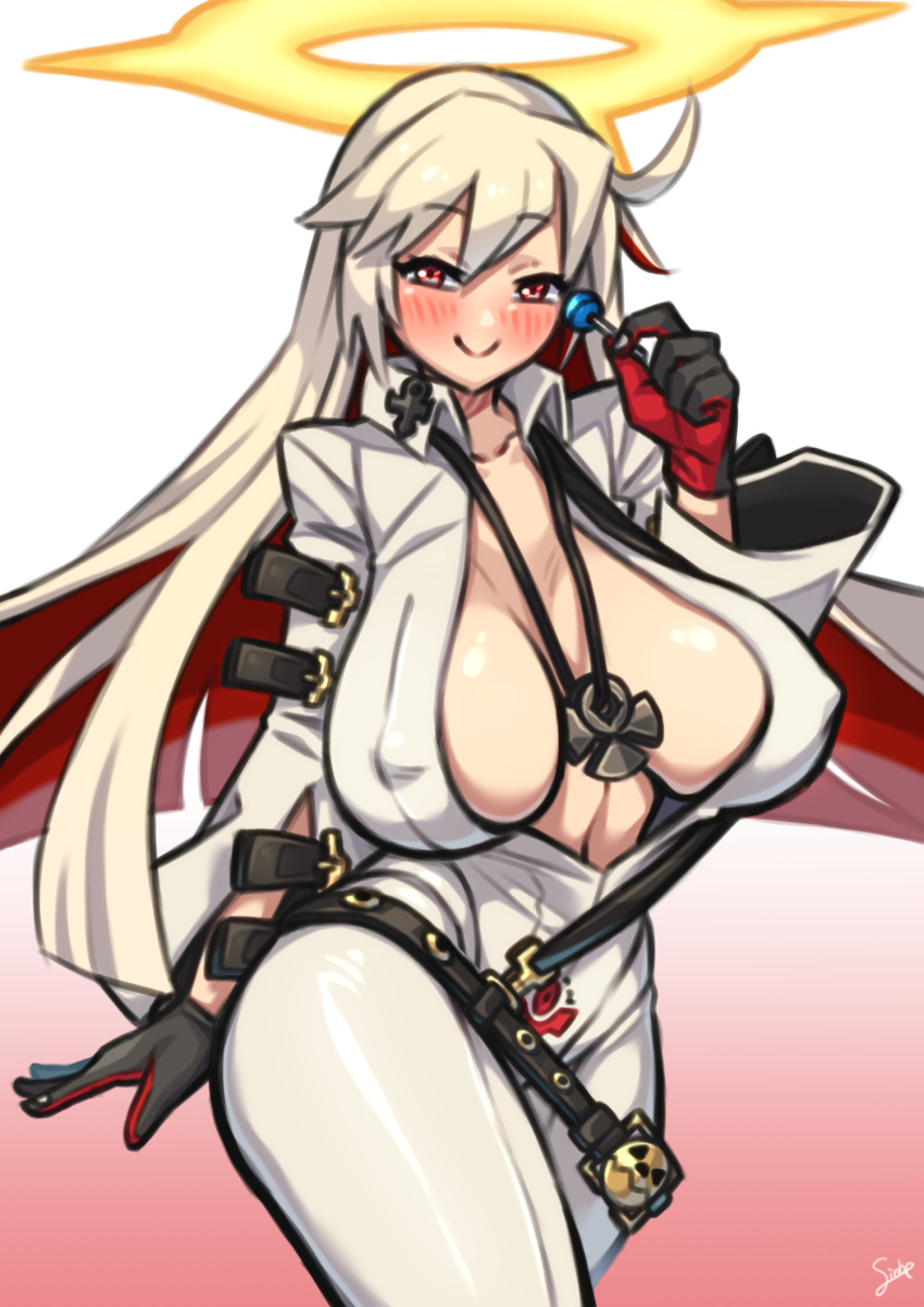 belt belt_buckle black_gloves bodysuit breasts buckle candy center_opening cleavage closed_mouth clothing_cutout collarbone collared_jacket colored_inner_hair covered_nipples curvy female food front_slit gloves guilty_gear guilty_gear_xrd hair_between_eyes halo highres huge_breasts jack-o'_valentine jacket jewelry jumpsuit lanyard lollipop long_hair long_sleeves looking_at_viewer multicolored_hair nikuatsu_magician_shinbo no_bra pendant plunging_neckline pointy_breasts red_eyes red_hair shirt shoulder_belt signature simple_background skin_tight smile solo spiked_halo standing straitjacket studded_belt too_many too_many_belts two-tone_hair very_long_hair white_background white_bodysuit white_hair white_jumpsuit