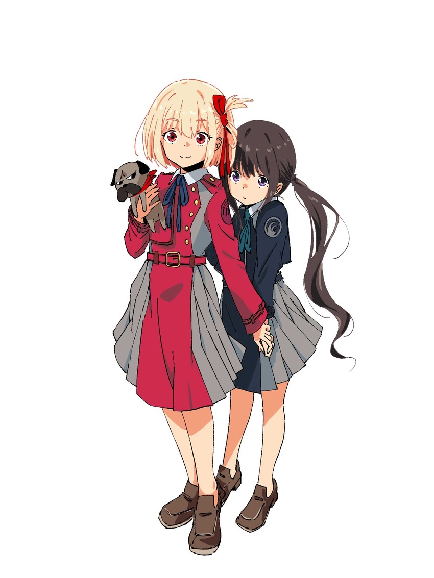 2girls aged_down black_hair blonde_hair blue_dress bob_cut brown_footwear canine dress full_body grey_dress hair_ribbon highres inoue_takina long_hair low_twintails lycoris_recoil lycoris_uniform misskiwi multiple_girls negative_space nishikigi_chisato pleated_dress pug purple_eyes red_dress red_eyes red_ribbon ribbon short_hair simple_background twintails two-tone_dress white_background white_hair yuri