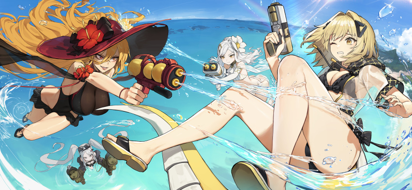 alchemy_stars ass bikini blonde_hair breasts carleen_(alchemy_stars) cleavage clouds flat_chest genevieve_(alchemy_stars) gray_eyes gray_hair group gun hat hoodie long_hair orange_eyes orange_hair romana see_through short_hair sky smokey_(alchemy_stars) sunglasses swimsuit tail twintails vice_(alchemy_stars) water weapon white_hair wink yellow_eyes