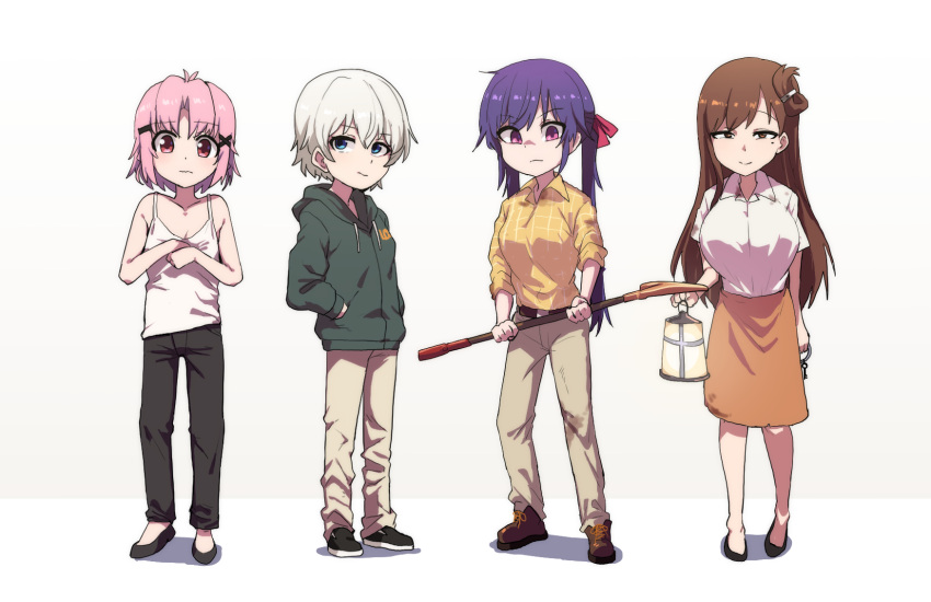 4girls belt black_pants blue_eyes breasts brown_belt brown_eyes brown_hair brown_pants closed_mouth cosplay ebisuzawa_kurumi flat_chest folded_ponytail fuka_(kantoku) full_body gakkou_gurashi! green_hoodie hair_between_eyes half-closed_eyes hands_in_pockets highres holding holding_lantern hood hood_down hoodie jack_baker jack_baker_(cosplay) key keyring lantern large_breasts looking_at_viewer lucas_baker lucas_baker_(cosplay) marguerite_baker marguerite_baker_(cosplay) medium_breasts mole mole_under_eye multiple_girls naoki_miki orange_skirt pants parted_bangs pink_eyes pink_hair resident_evil resident_evil_7:_biohazard shirt shirt_tucked_in short_hair skirt small_breasts smile standing takeya_yuki tank_top tented_shirt wakasa_yuuri white_hair white_shirt white_tank_top yellow_shirt zoe_baker zoe_baker_(cosplay)