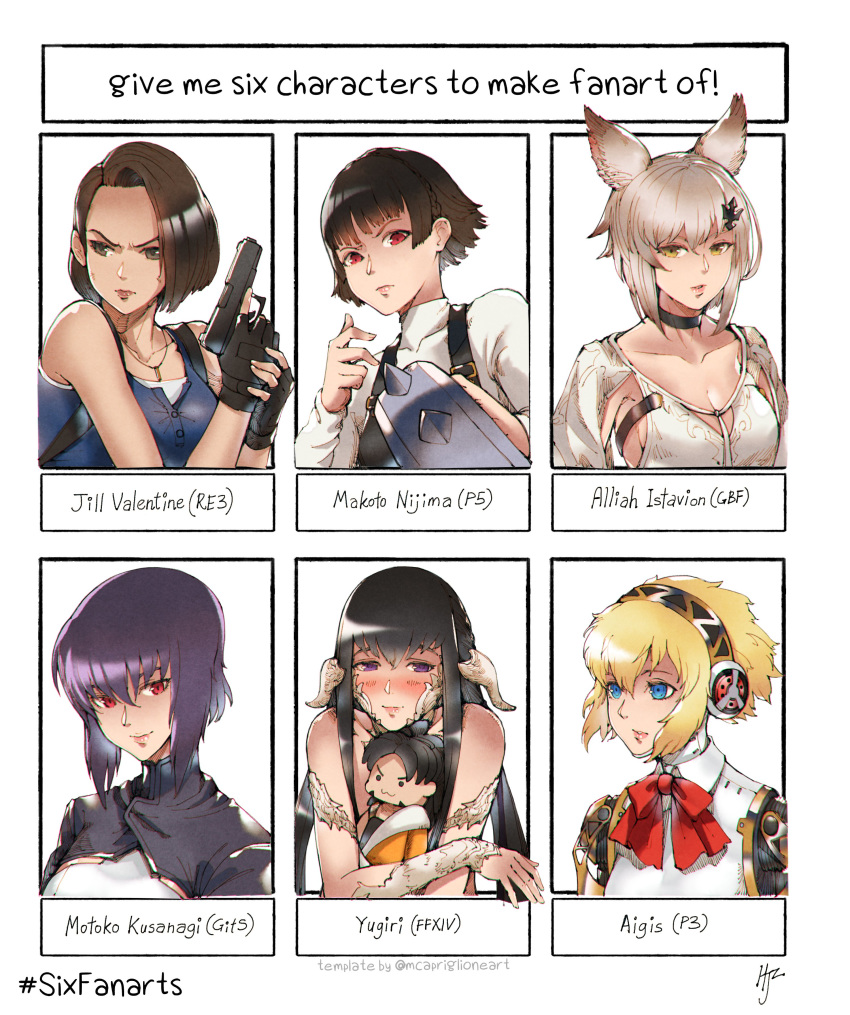 6+girls absurdres aegis_(persona) android animal_ears au_ra black_hair blonde_hair blue_eyes blush bob_cut braid brown_eyes brown_hair collage crown_braid dragon_girl dragon_horns english_text erune final_fantasy final_fantasy_xiv ghost_in_the_shell golden_knight_(granblue_fantasy) granblue_fantasy gun hien_rijin highres hjz_(artemi) holding holding_gun holding_weapon horns hugging_object jill_valentine kusanagi_motoko long_hair mechanical_arms mechanical_parts multiple_drawing_challenge multiple_girls niijima_makoto persona persona_3 persona_5 purple_eyes purple_hair red_eyes reptile_girl resident_evil resident_evil_3:_nemesis resident_evil_3_(remake) ribbon robot scales short_hair six_fanarts_challenge stuffed_toy tank_top weapon white_horns white_scales yellow_eyes yugiri_mistwalker