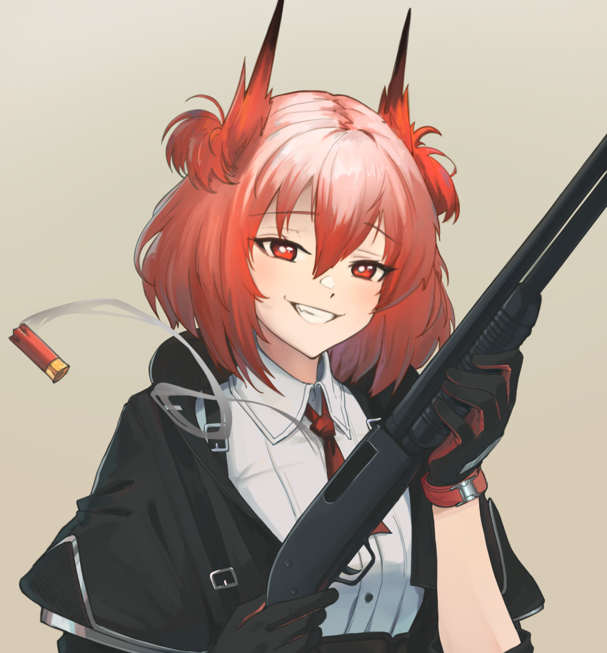 arknights black_gloves black_jacket commentary female fiammetta_(arknights) gloves grey_background grin gun hair_between_eyes highres holding holding_gun holding_weapon jacket looking_at_viewer mossberg_500 necktie open_clothes open_jacket pointy_hair pump_action radioneet red_eyes red_hair red_necktie rifle shirt short_hair shotgun shotgun_shell simple_background smile solo upper_body weapon white_shirt