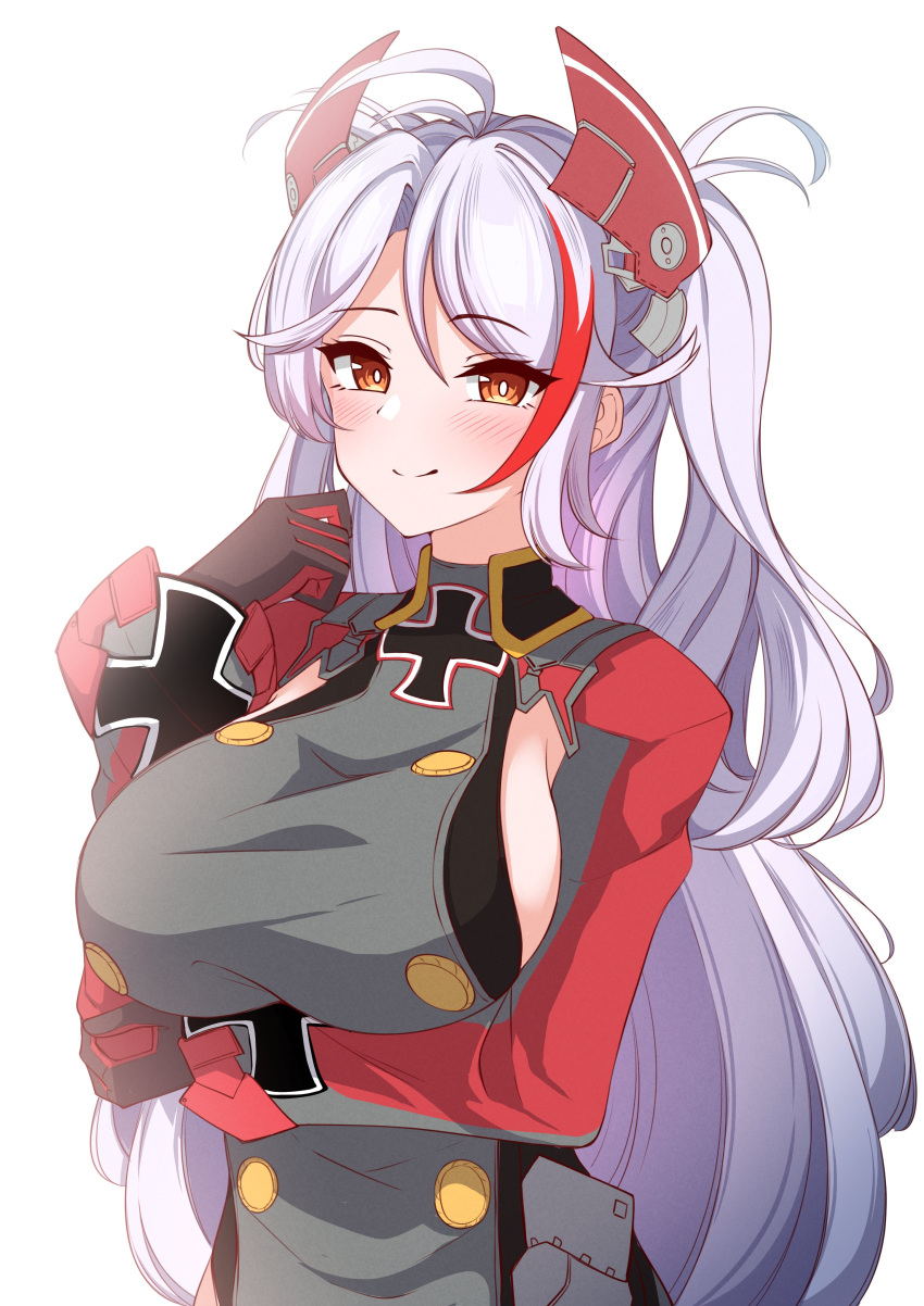 absurdres azur_lane black_gloves blush breasts brown_eyes closed_mouth commentary_request cross dress female gloves grey_dress grey_hair highres iron_cross large_breasts long_hair long_sleeves looking_at_viewer moyoron multicolored_hair parted_bangs prinz_eugen_(azur_lane) red_hair sideboob simple_background smile solo streaked_hair two_side_up upper_body very_long_hair white_background