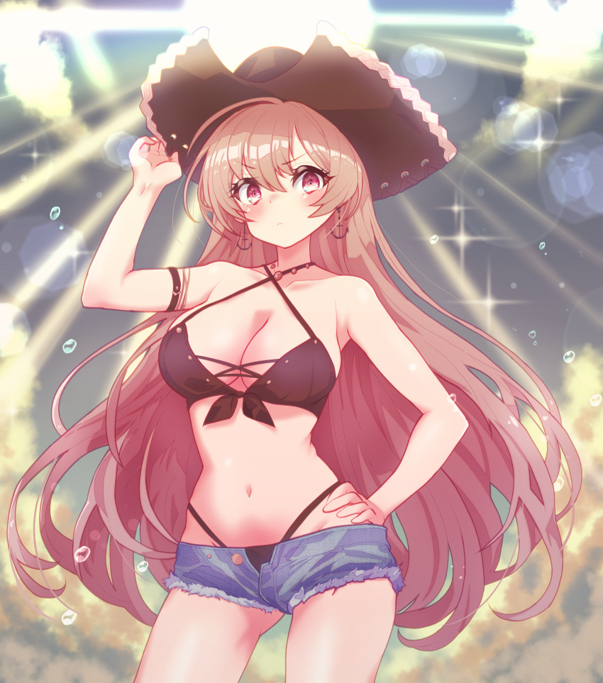 anchor_earrings arbiter1 azur_lane bare_shoulders bikini blush breasts brown_bikini brown_hair cleavage criss-cross_halter cross-laced_bikini cross-laced_clothes cross-laced_top cutoff_jeans cutoffs earrings female halterneck hand_on_own_hip hat highleg highleg_bikini highres jean_bart_(azur_lane) jean_bart_(private_apres_midi)_(azur_lane) jewelry long_hair looking_at_viewer medium_breasts micro_shorts navel official_alternate_costume open_clothes open_shorts pirate_hat red_eyes shorts side-tie_swimsuit solo swimsuit thighs