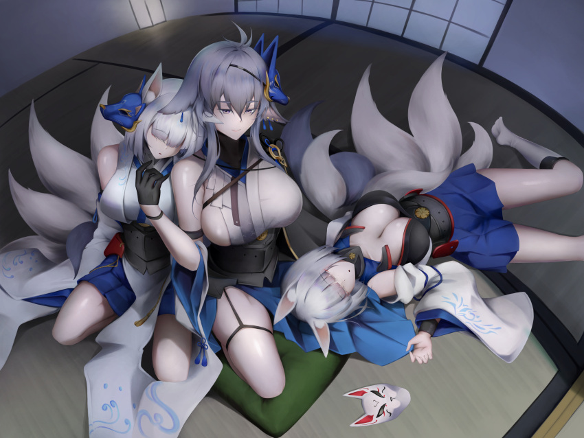 3girls absurdres animal_ears azur_lane bare_legs bare_shoulders black_gloves blue_eyes blue_hair blue_skirt breasts cleavage dddtriple fox_ears fox_girl fox_mask fox_tail from_above full_body gloves half-closed_eyes hand_up head_on_another's_shoulder highres indoors japanese_clothes kaga_(azur_lane) kaga_(battleship)_(azur_lane) kimono kitsune kneehighs large_breasts long_hair lying mask mask_on_head medium_breasts medium_hair multiple_girls multiple_tails no_bra on_back parted_lips pleated_skirt print_kimono purple_eyes sakura_empire_(emblem) siblings sideboob sisters sitting skirt sleeping sleeping_upright smile socks tail tatami tosa_(azur_lane) white_hair white_kimono wide_sleeves