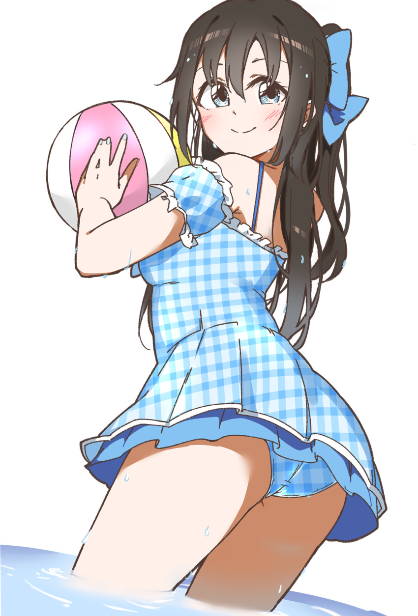 armpit_crease ass ball beachball blue_bow blue_eyes blush bow brown_hair closed_mouth commentary_request cowboy_shot detached_sleeves female frilled_sleeves frills gingham hair_between_eyes hairbow half_updo highres holding holding_ball holding_beachball liz_(piyoko_piyop) long_hair looking_at_viewer love_live! love_live!_nijigasaki_high_school_idol_club osaka_shizuku puffy_short_sleeves puffy_sleeves short_sleeves sidelocks simple_background smile solo split_mouth wading white_background