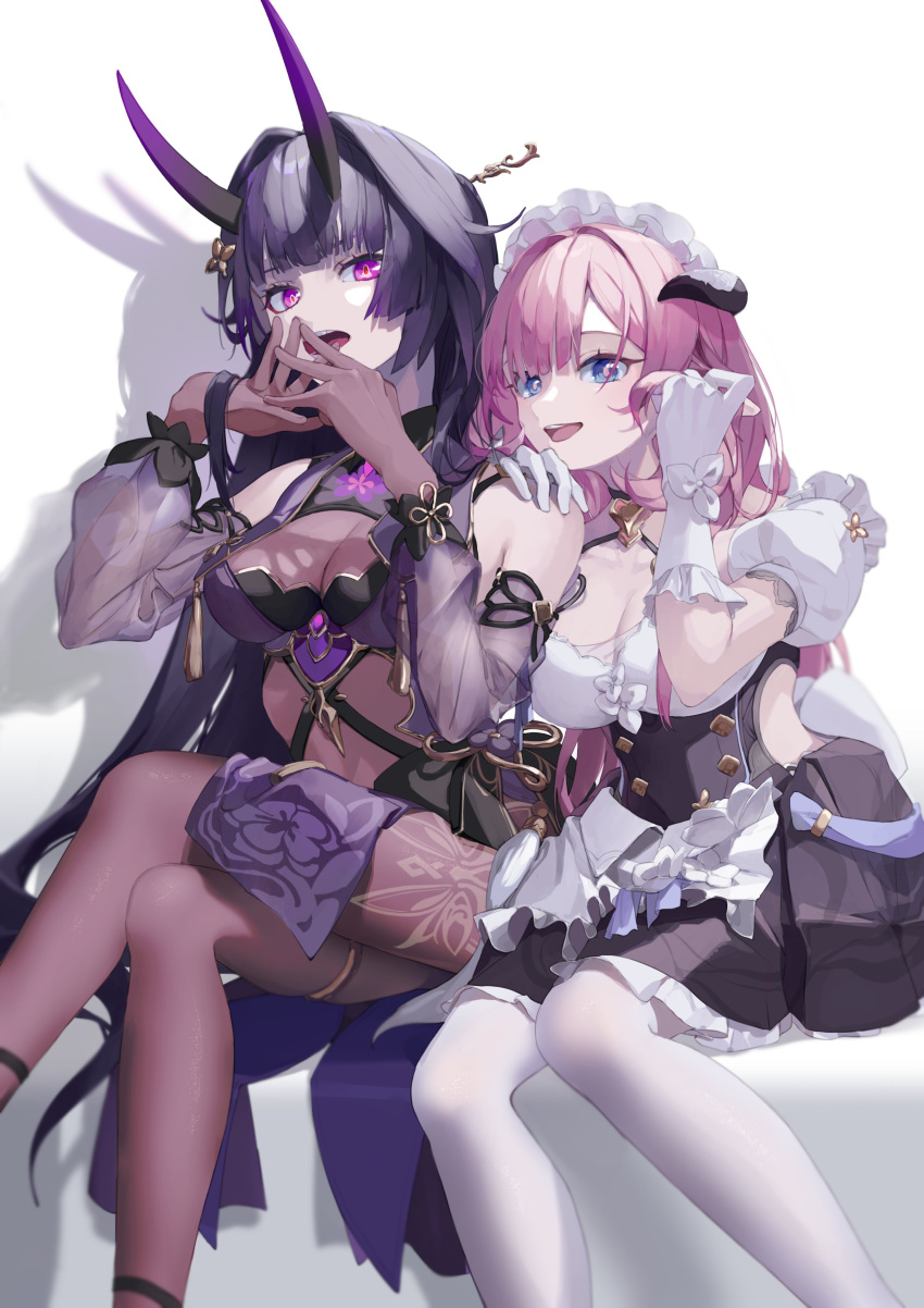 2girls :d absurdres apron blue_eyes breasts china_dress chinese_clothes cleavage cleavage_cutout clothing_cutout crossed_legs dress elbow_gloves elf elysia_(honkai_impact) elysia_(miss_pink_elf)_(honkai_impact) frills gloves hair_ornament hashtag-only_commentary highres honkai_(series) honkai_impact_3rd horns long_hair looking_at_viewer maid maid_apron maid_headdress multiple_girls official_alternate_costume open_mouth pink_hair pointy_ears purple_dress purple_gloves raiden_mei raiden_mei_(herrscher_of_thunder) raiden_mei_(rainy_springtide)_(honkai_impact) roena see-through see-through_sleeves shadow short_sleeves sitting smile thighhighs white_gloves white_thighhighs