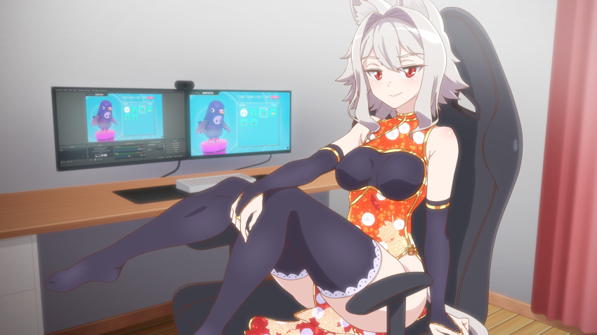 absurdres animal_ear_fluff animal_ears bare_shoulders black_bridal_gauntlets black_gloves black_thighhighs blush breasts bridal_gauntlets cat_ears cat_girl chaina chair china_dress chinese_clothes commentary computer computer_keyboard desk dress fall_guy fall_guys female floral_print framed_breasts gaming_chair gloves gold_trim grey_hair hair_intakes hand_on_own_knee highres indie_virtual_youtuber indoors knees_up livestream looking_at_viewer monitor no_shoes patrick_fche print_dress red_dress red_eyes second-party_source side_slit sitting sleeveless sleeveless_dress small_breasts smirk solo spanish_commentary swivel_chair thighhighs thighs virtual_youtuber