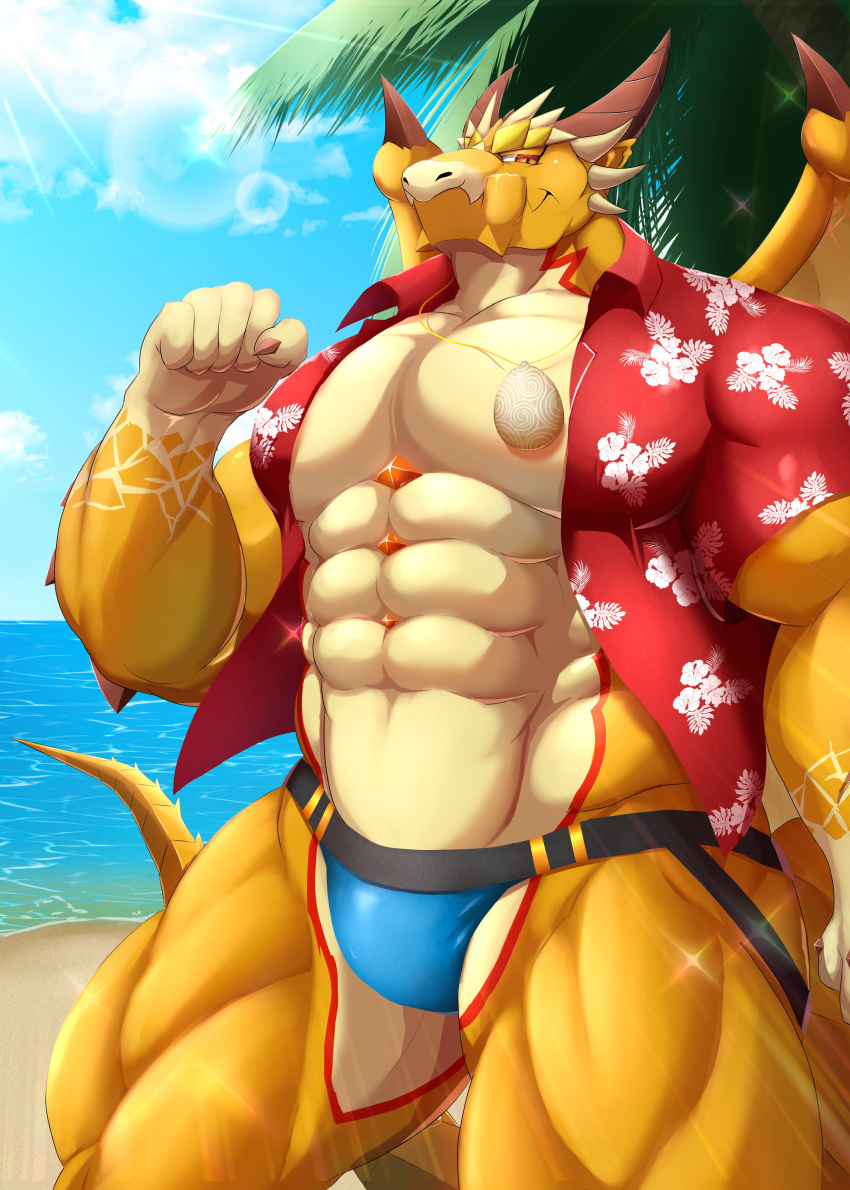 abs absurd_res aloha_shirt anthro beach clothing dragon dragon_wings gold_scales hi_res horn jewelry jockstrap lifewonders looking_at_viewer male muscular muscular_arms muscular_male mythological_creature mythological_scalie mythology necklace ophion_(tas) palm_tree pattern_clothing pattern_shirt pattern_topwear pecs plant red_clothing red_shirt red_topwear sand scales scalie sea seaside shirt sky solo standing tail tan_body tan_scales tokyo_afterschool_summoners topwear toranoyouhei tree underwear water wings