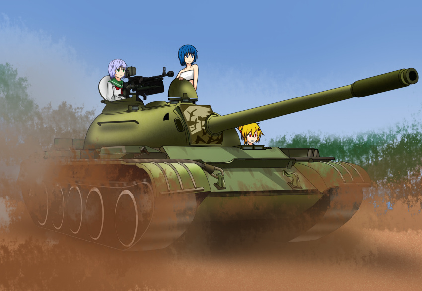 3girls absurdres amasaki_nana amasaki_ryouko blonde_hair blue_eyes blue_hair breasts caterpillar_tracks cloud commentary_request cracklecradle dust dust_cloud forest green_eyes gun highres light_blue_hair machine_gun military military_vehicle motor_vehicle multiple_girls nature outdoors red_eyes school_uniform shinonome_yuuki short_hair sky smile tank tree type_59_(tank) weapon yamamoto_isuzu