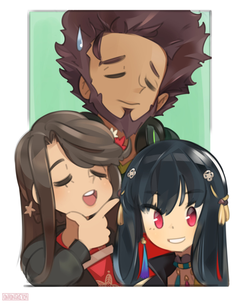 1boy 2girls aadya_(nijisanji) beard black_hair black_hoodie closed_eyes dark-skinned_female dark-skinned_male dark_skin facial_hair hair_behind_ear headphones headphones_around_neck highres hood hoodie multicolored_hair multiple_girls nijisanji nijisanji_in noor_(nijisanji) onionsketch open_mouth parted_lips red_eyes red_hair smile streaked_hair sweatdrop vihaan virtual_youtuber