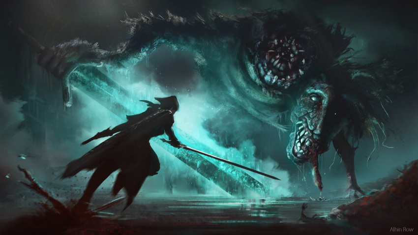 1boy alhin_row battle bloodborne blue_theme greatsword highres holding holding_sword holding_weapon hunter_(bloodborne) ludwig's_holy_blade ludwig_the_accursed monster moonlight_greatsword running sword weapon