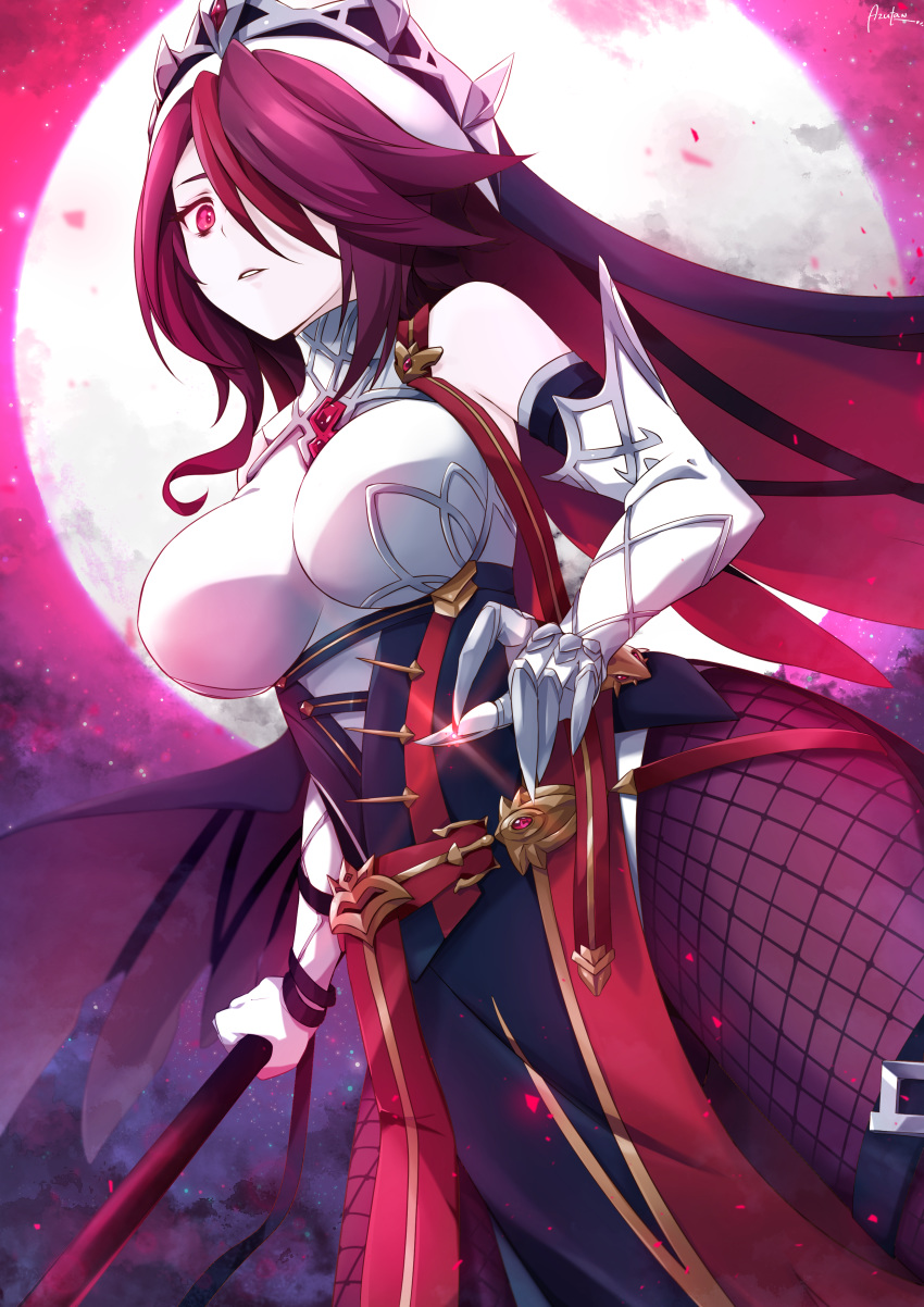 absurdres azutan bags_under_eyes bare_shoulders breasts claw_pose female fishnet_pantyhose fishnets full_moon genshin_impact habit hair_over_one_eye highres large_breasts looking_at_viewer moon night night_sky nun pantyhose purple_eyes purple_hair purple_pantyhose purple_sky rosaria_(genshin_impact) sky solo veil