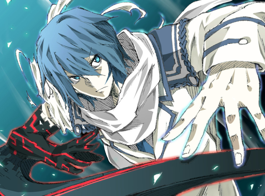 1boy blade blue_eyes blue_hair blue_necktie bois_de_justice closed_mouth dies_irae eternal_14sai fingernails fujii_ren glowing hair_between_eyes hatching_(texture) male_focus necktie scarf shinza_bansho_series solo torn_clothes upper_body white_scarf