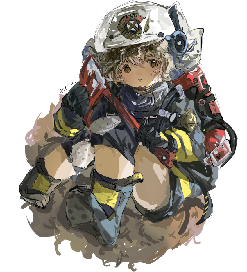 1t674 animal_ears animal_ears_helmet arknights axe black_footwear black_jacket black_shorts boots brown_eyes brown_hair closed_mouth fake_animal_ears female fire_axe fire_helmet firefighter firefighter_jacket highres holding holding_axe jacket knee_pads looking_at_viewer shaw_(arknights) shoe_soles short_shorts shorts solo twitter_username white_headwear