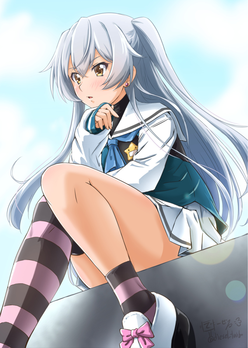 blush diesel-turbo earrings female grey_hair grisaia_(series) grisaia_phantom_trigger highres jewelry long_hair pleated_skirt school_uniform shishigaya_touka sitting skirt solo stud_earrings two_side_up yellow_eyes