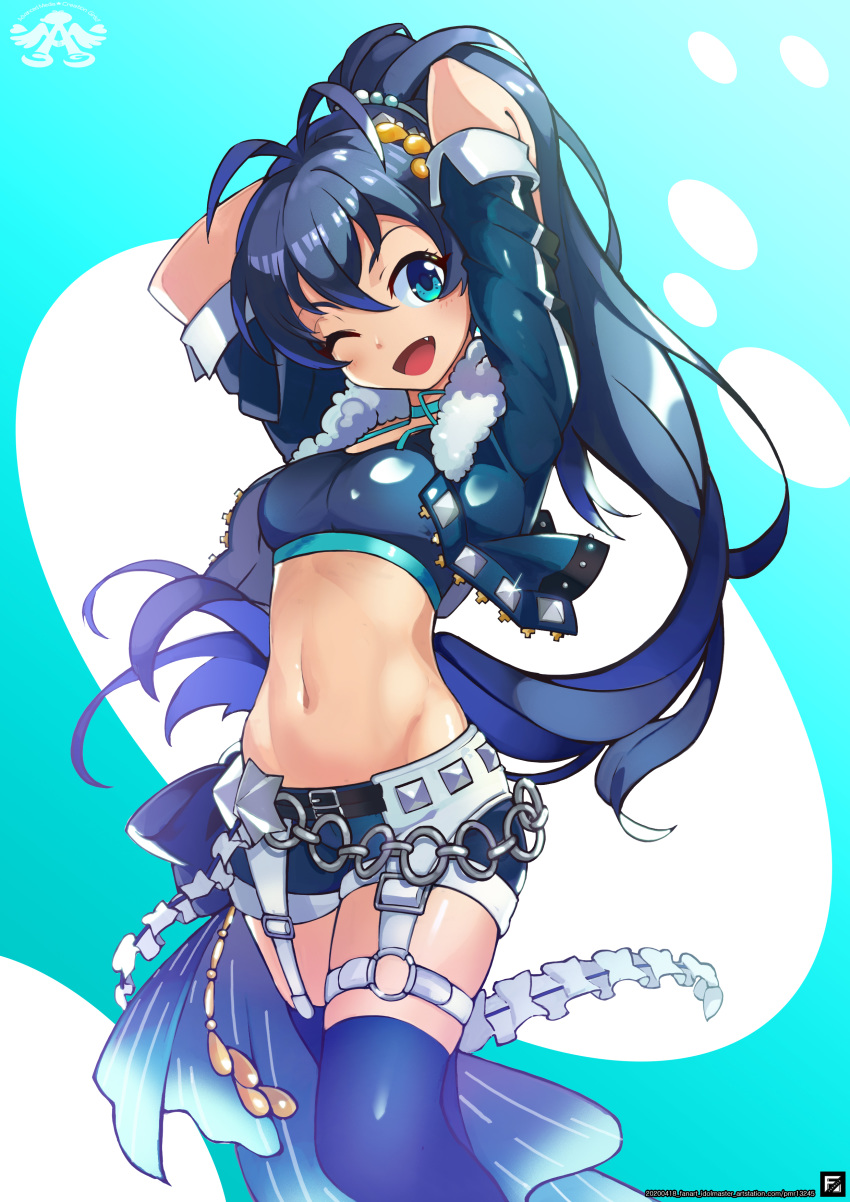 ;d absurdres antenna_hair arms_behind_head arms_up artist_logo artstation_username belly_chain belt black_belt black_hair blue_background blue_bow blue_choker blue_eyes blue_jacket blue_shorts blue_sports_bra blue_thighhighs blush bow breasts choker commentary_request cowboy_shot crop_top cropped_jacket dated eyebrows_hidden_by_hair female fomyu_(formula) fur-trimmed_jacket fur_trim ganaha_hibiki glint groin hair_between_eyes hair_ornament highres idolmaster idolmaster_(classic) jacket jewelry korean_commentary logo long_hair looking_at_viewer medium_breasts midriff navel o-ring o-ring_belt oerba_yun_fang one_eye_closed open_mouth photoshop_(medium) ponytail shiny_clothes short_shorts short_sleeves shorts sidelocks simple_background smile solo sports_bra standing thigh_strap thighhighs two-tone_background waist_bow white_background