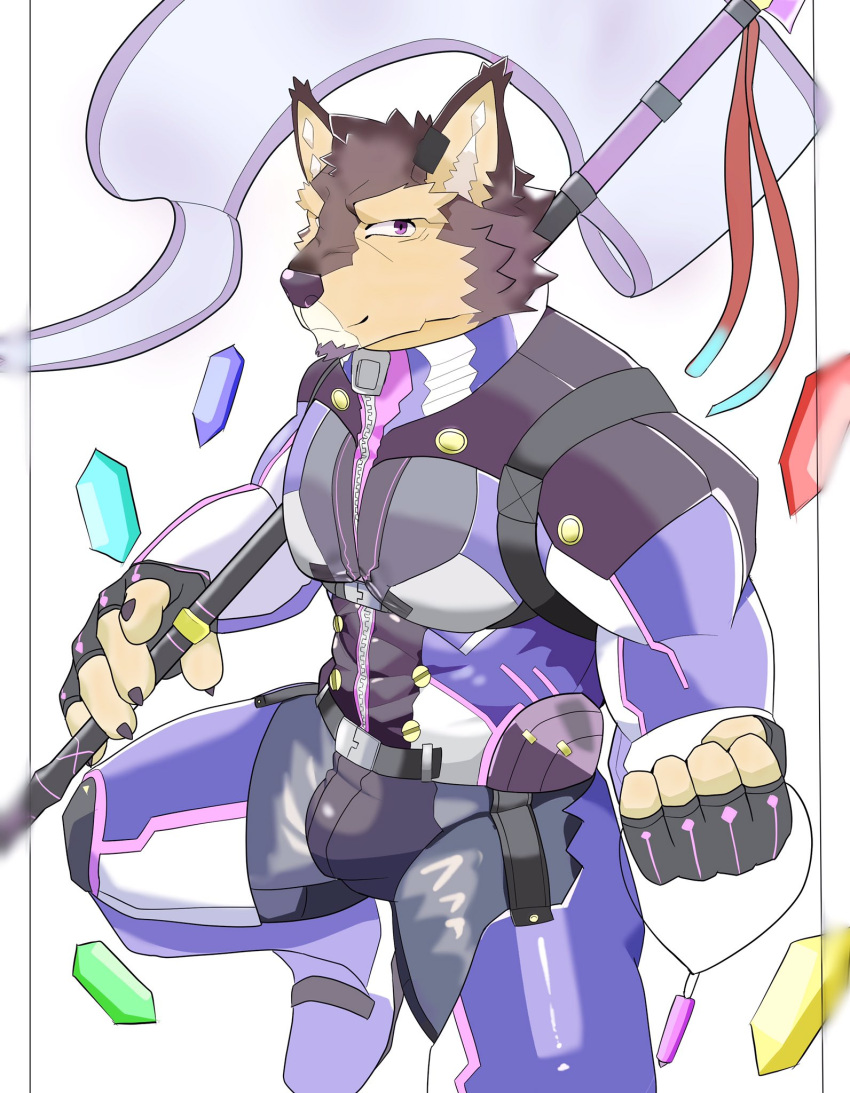 abs anthro bodysuit brown_body brown_fur bulge canid canine canis clothing countershading domestic_dog fingerless_gloves flag flag_(object) flag_on_shoulder fur gloves handwear hi_res ho_jiro holding_flag holding_object lifewonders live_a_hero mammal melee_weapon muscular muscular_anthro object_on_shoulder pennant polearm pubraseer purple_eyes skinsuit smile solo spear superhero tight_clothing weapon