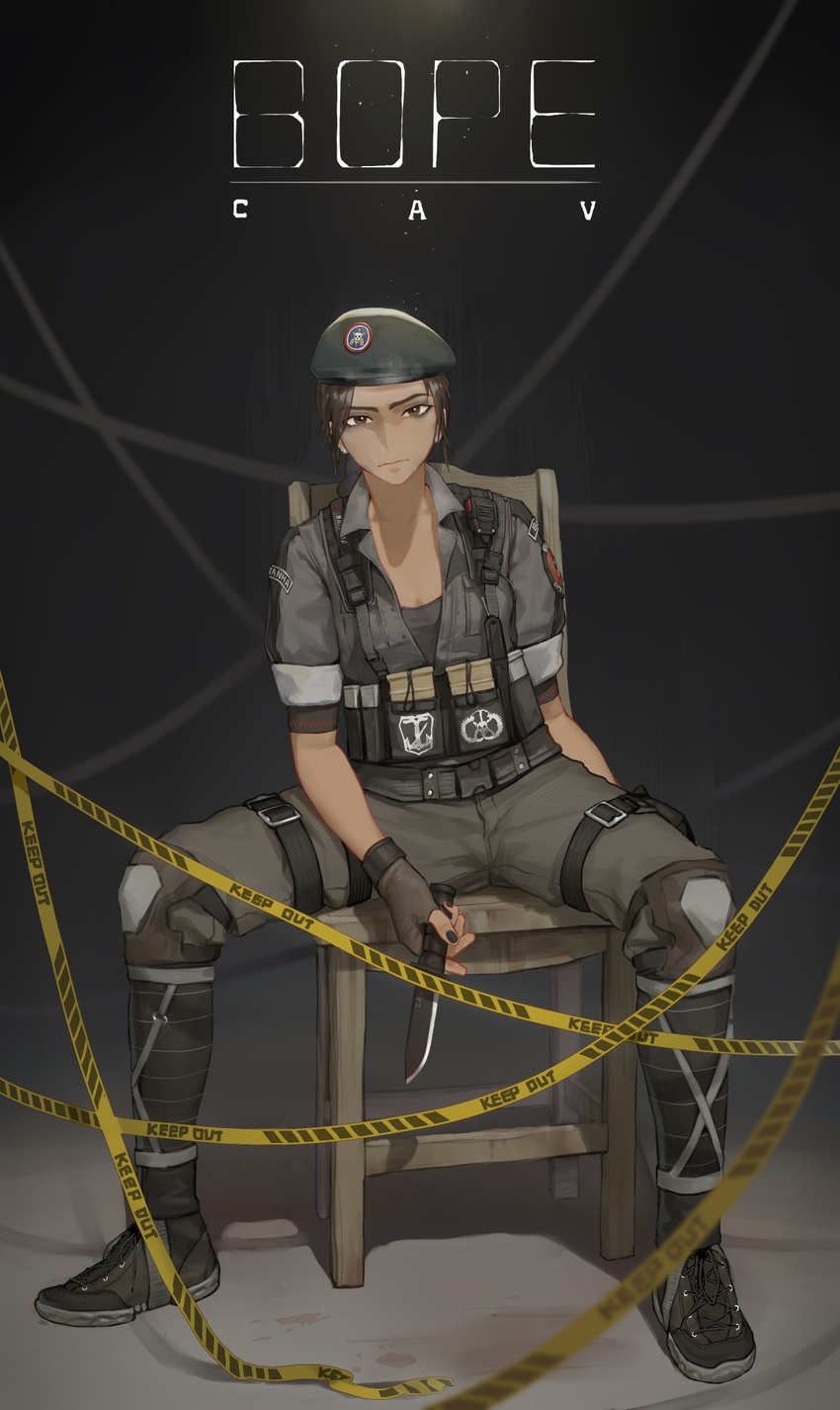 bags_under_eyes beret black_hat black_nails bope braid breasts brown_eyes brown_gloves brown_hair caution_tape caveira_(rainbow_six_siege) chair character_name collared_shirt combat_knife commentary commission dark-skinned_female dark_skin english_commentary female fingernails forehead full_body gloves grey_shirt hat highres holding holding_knife holster keep_out knee_pads knife load_bearing_vest long_eyebrows looking_at_viewer magazine_(weapon) military_operator nail_polish open_clothes open_shirt patch pouch rainbow_six_siege shirt shoes single_braid sitting sleeves_rolled_up small_breasts sneakers solo spread_legs thigh_holster thigh_pouch walkie-talkie weapon youzu_(youzuyozu)