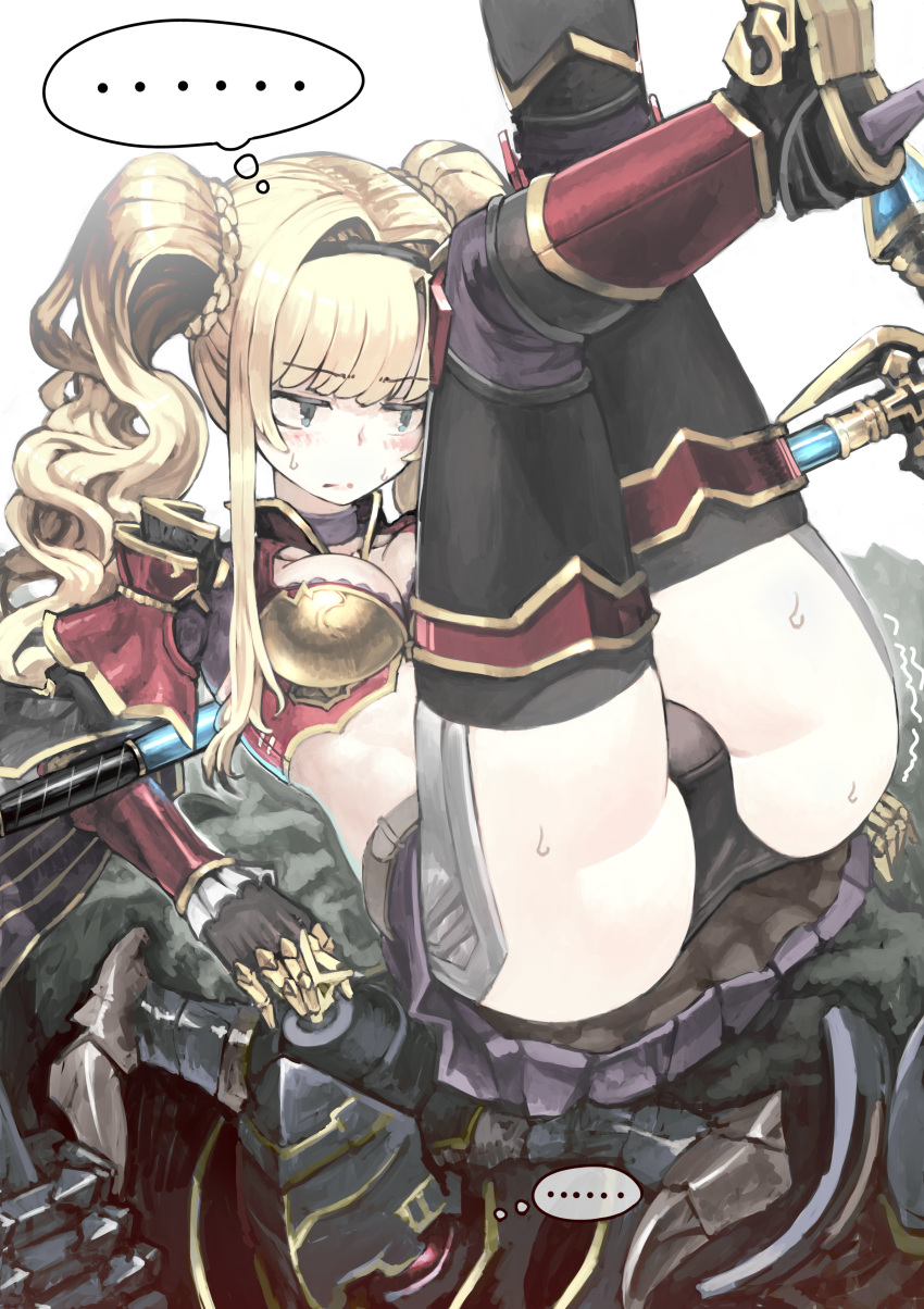 1boy absurdres black_panties blonde_hair blush braid breasts closed_mouth commentary fake_horns female granblue_fantasy granblue_fantasy_versus grey_eyes helm helmet highres horned_helmet horns legs_up medium_breasts panties pantyshot polearm simple_background sweat tefec thought_bubble trembling twintails underwear upskirt vaseraga weapon white_background zeta_(granblue_fantasy)