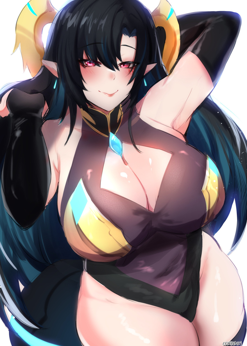 absurdres black_hair black_leotard breasts cleavage cleavage_cutout clothing_cutout commentary covered_navel cowboy_shot curvy detached_sleeves english_commentary female hair_between_eyes highres horns huge_breasts indie_virtual_youtuber kurenaiz_(kuayrenaiz) leotard long_hair pointy_ears red_eyes smile solo tail thighhighs twitter_username umino_ciala very_long_hair virtual_youtuber