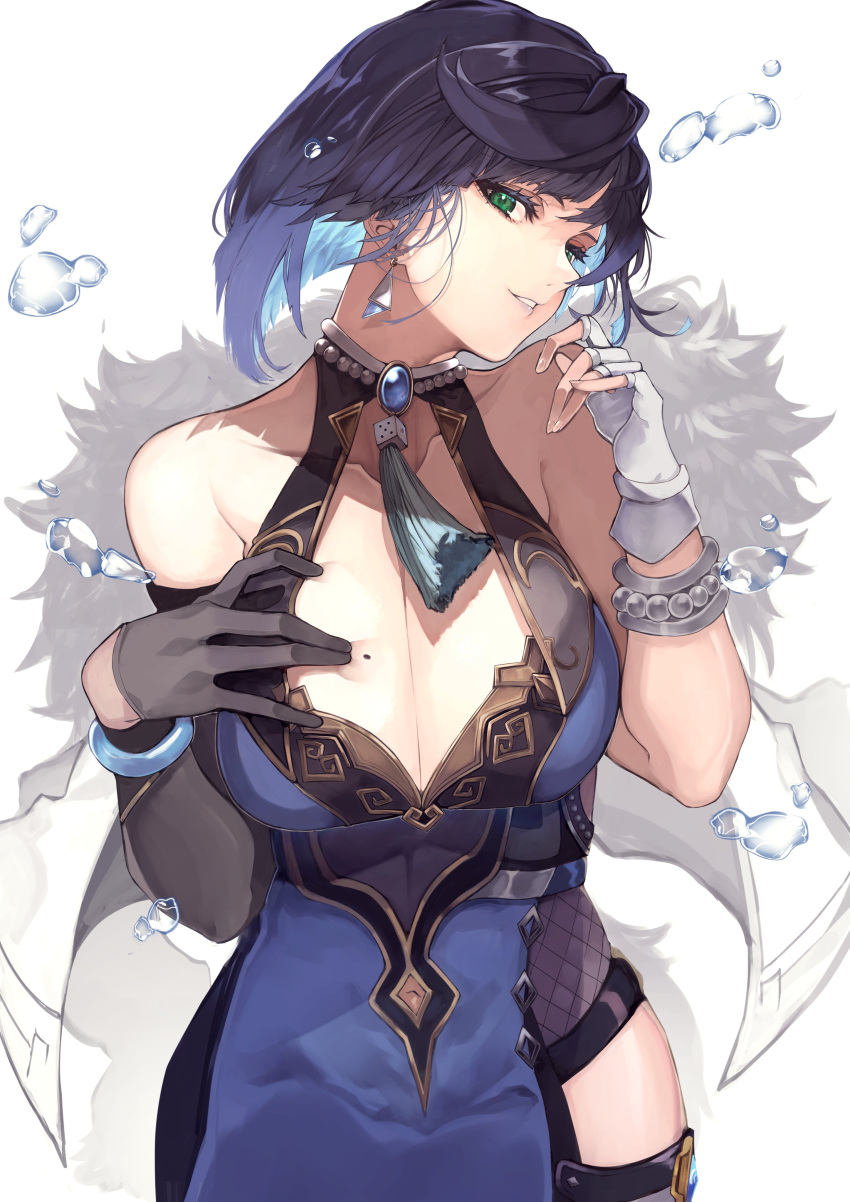 absurdres bare_shoulders blue_bracelet blue_dress blue_hair bracelet breasts choker cleavage cleavage_cutout clothing_cutout commentary commentary_request deep_skin dice dress earrings female fingerless_gloves fur_trim gem genshin_impact gloves green_eyes halterneck hand_on_own_chest hands_up head_tilt highres jewelry large_breasts looking_at_viewer looking_to_the_side mole mole_on_breast navel navel_cutout parted_lips simple_background smile solo takena-c teeth thigh_cutout water white_background yelan_(genshin_impact)