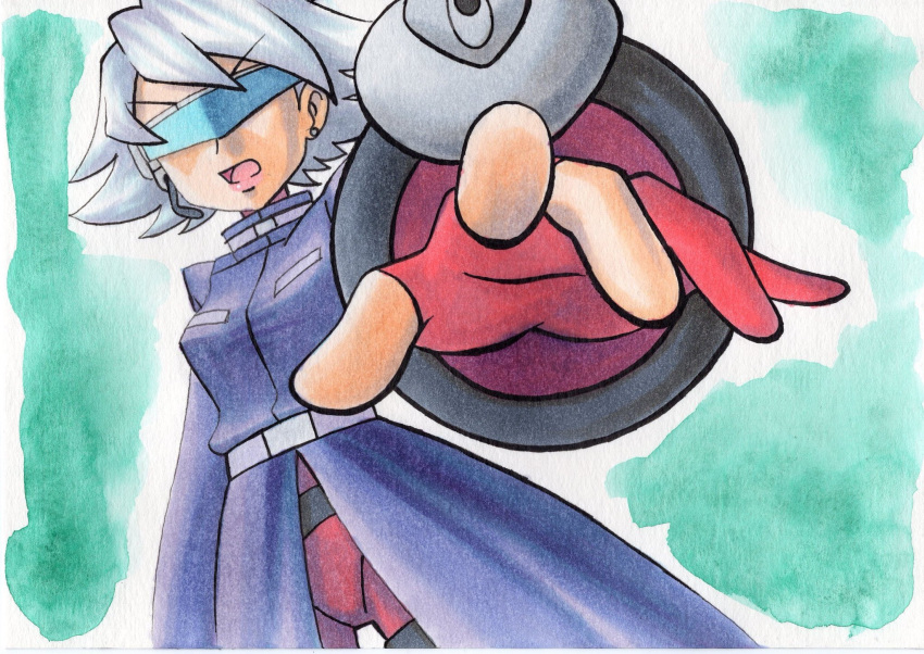 belt belt_buckle blue-tinted_eyewear buckle coat earrings female gloves green_background grey_belt grey_hair highres j_(pokemon) jewelry lipstick makeup microphone oka_mochi open_mouth outstretched_arm partially_fingerless_gloves pink_lips pokemon pokemon_(anime) pokemon_dppt_(anime) purple_coat red_gloves solo tinted_eyewear tongue traditional_media visor